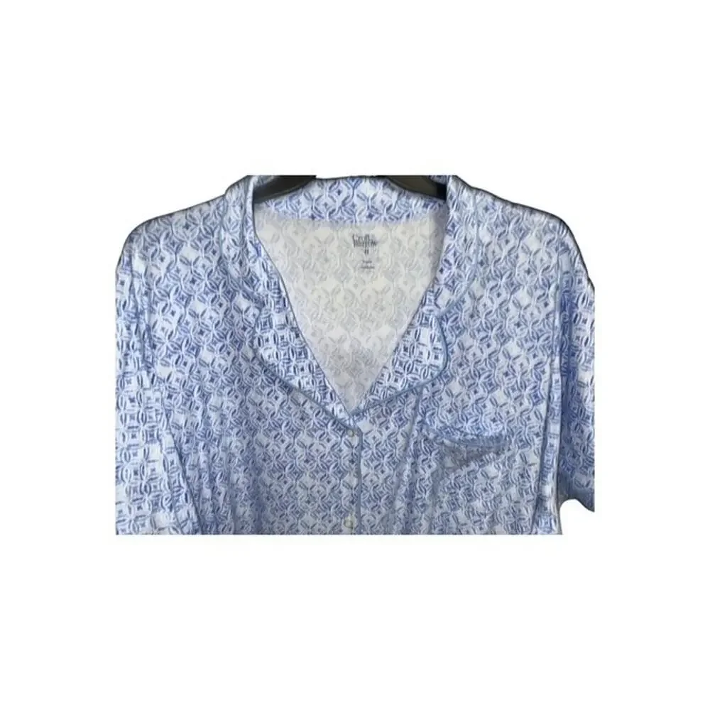 Croft & Barrow 4X Pajamas Blue Crop Capri Pants Collar Button-Up Pockets Stretch